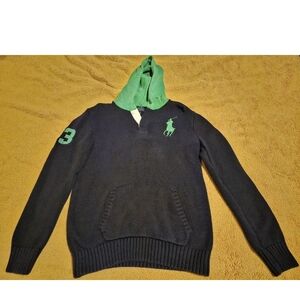 Polo Ralph Lauren Sweater Boys Xl 18-20 Blue Green Knit Hooded Big Pony $20obo